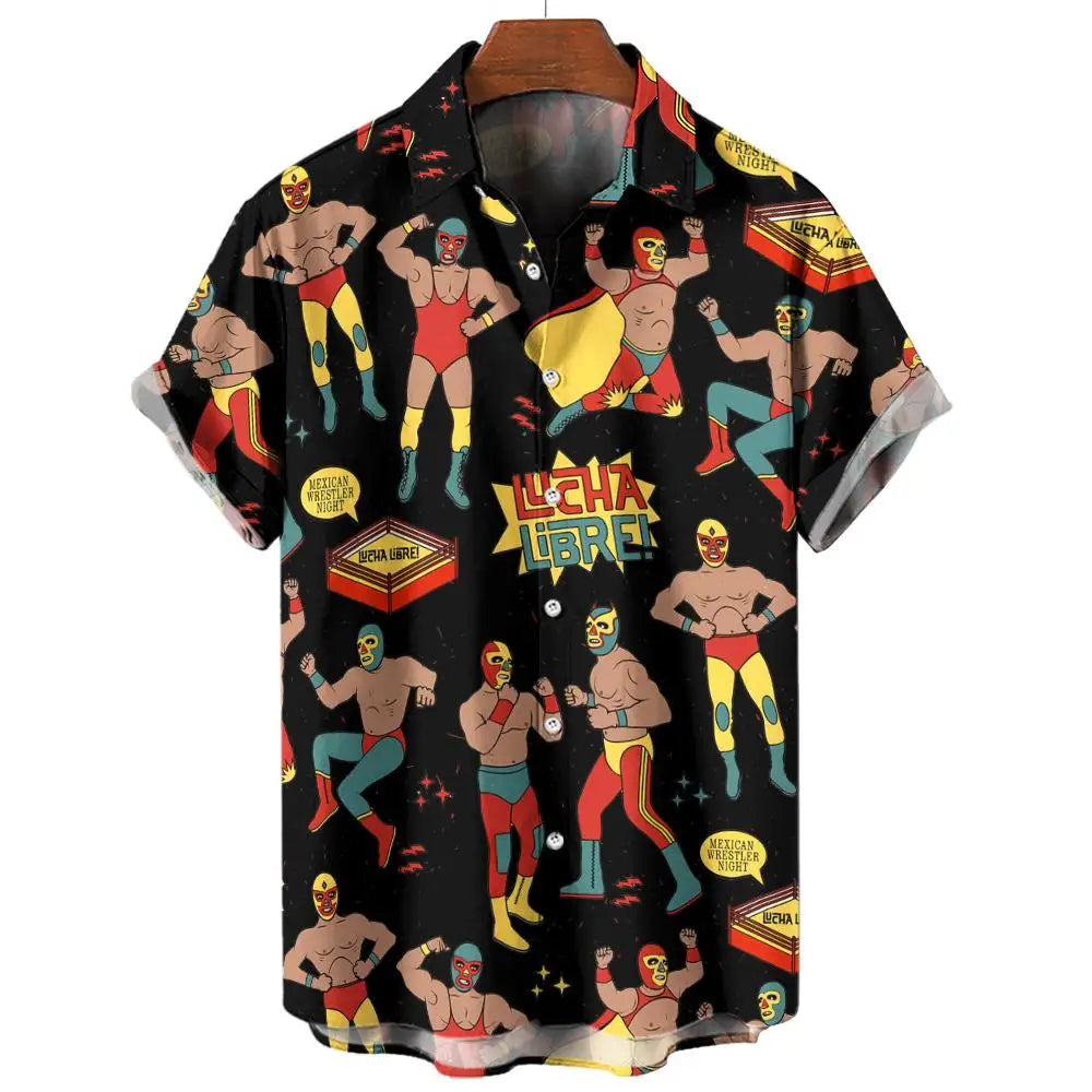 New Retro Men's Shirt 3d Mexican Wrestling Print Short Sleeve Shirt Fashion Man Clothing Loose Oversized Hawaiian Shirts For Men