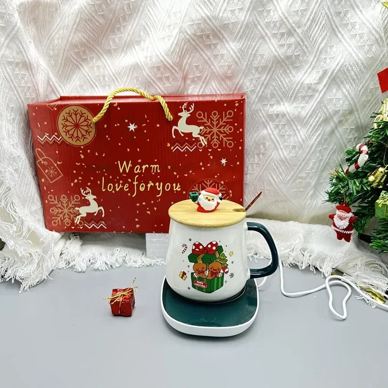 2025 Christmas Gift Set: Warm 55℃ Ceramic Mug with Lid featuring Santa Claus for Office or Home Use