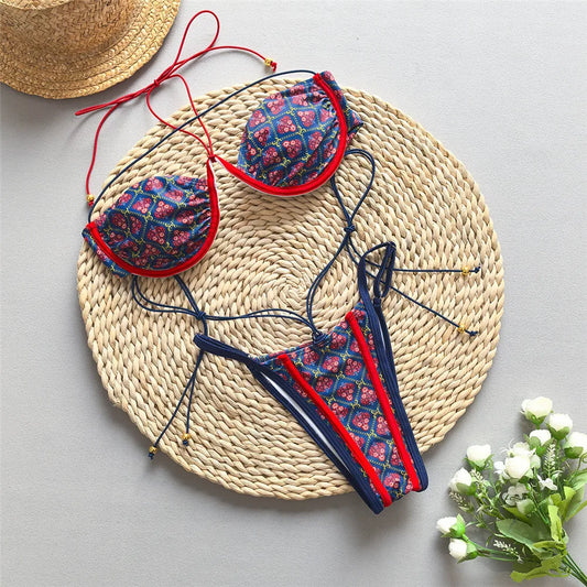 Blue Vintage Print String Thong Micro Bikini Push Up 2025 Sexy Swimsuit Women Back Knotted Swimwear Bathing Suit Bikinis Sets