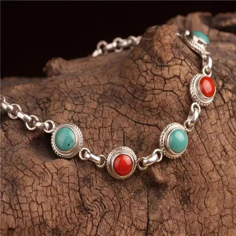Creative retro ethnic style southern red tourmaline turquoise bangles silver 925 round bead charm bracelet for women jewelry