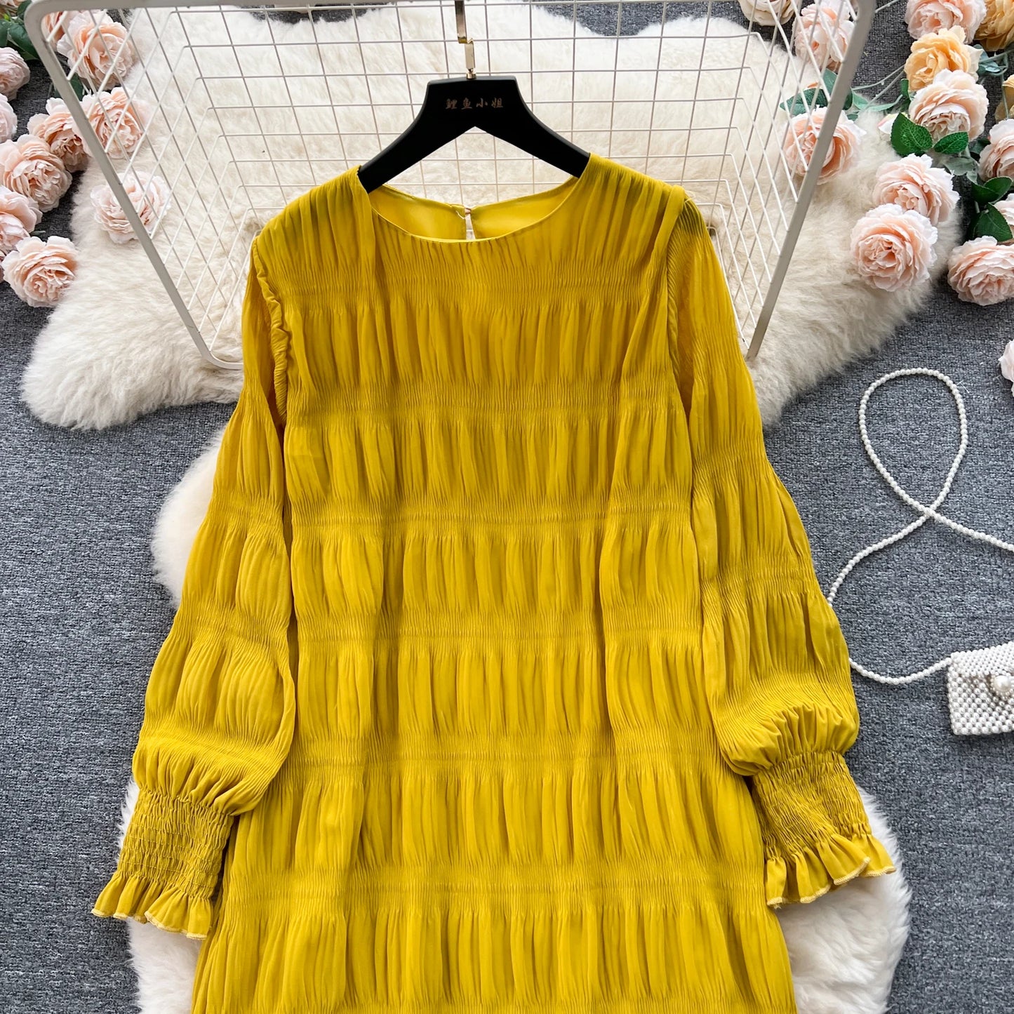Autumn Vintage Women Draped Loose Midi Dress Elegant Round Collar Puff Long Sleeve Robe Casual Yellow/Burgundy/Green Vestido New