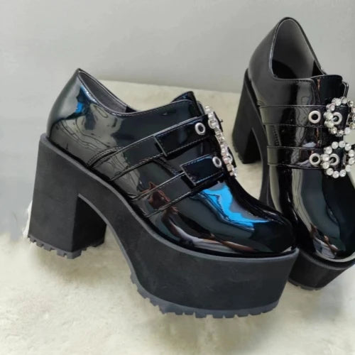 Japanese Mine Series Round Drill Buckle JK Patent Leather Shoes Student Mass-Produced Platform High Heels Uniform Women's Shoes
