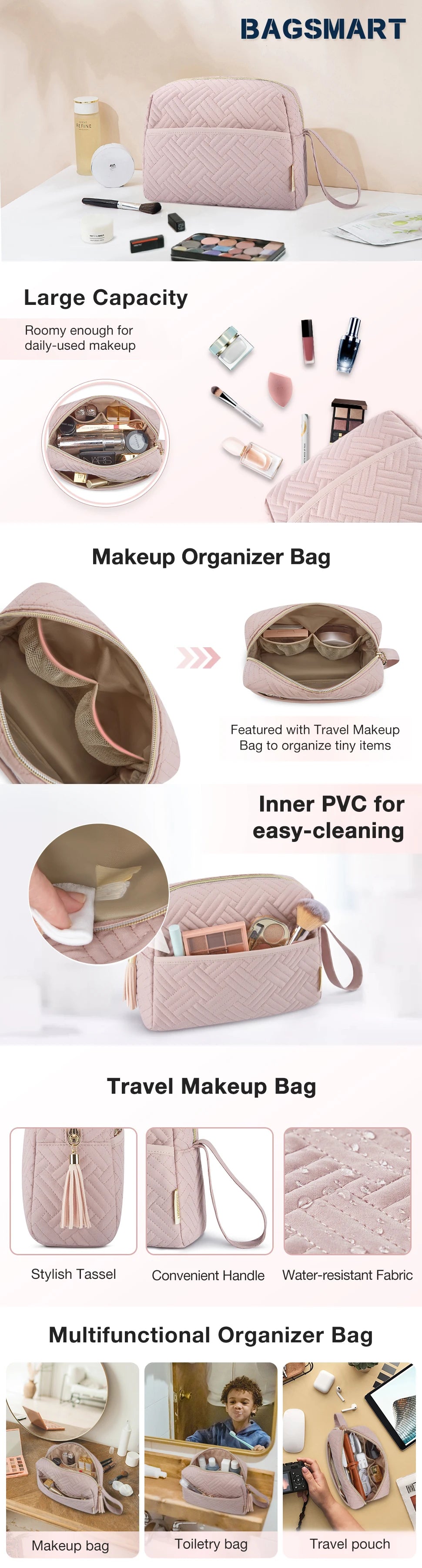 BAGSMART Large Capacity Makeup Bag for Travel Cosmetic Bags Elegant Roomy Waterproof Toiletry Case Organizer Make Up Accessories