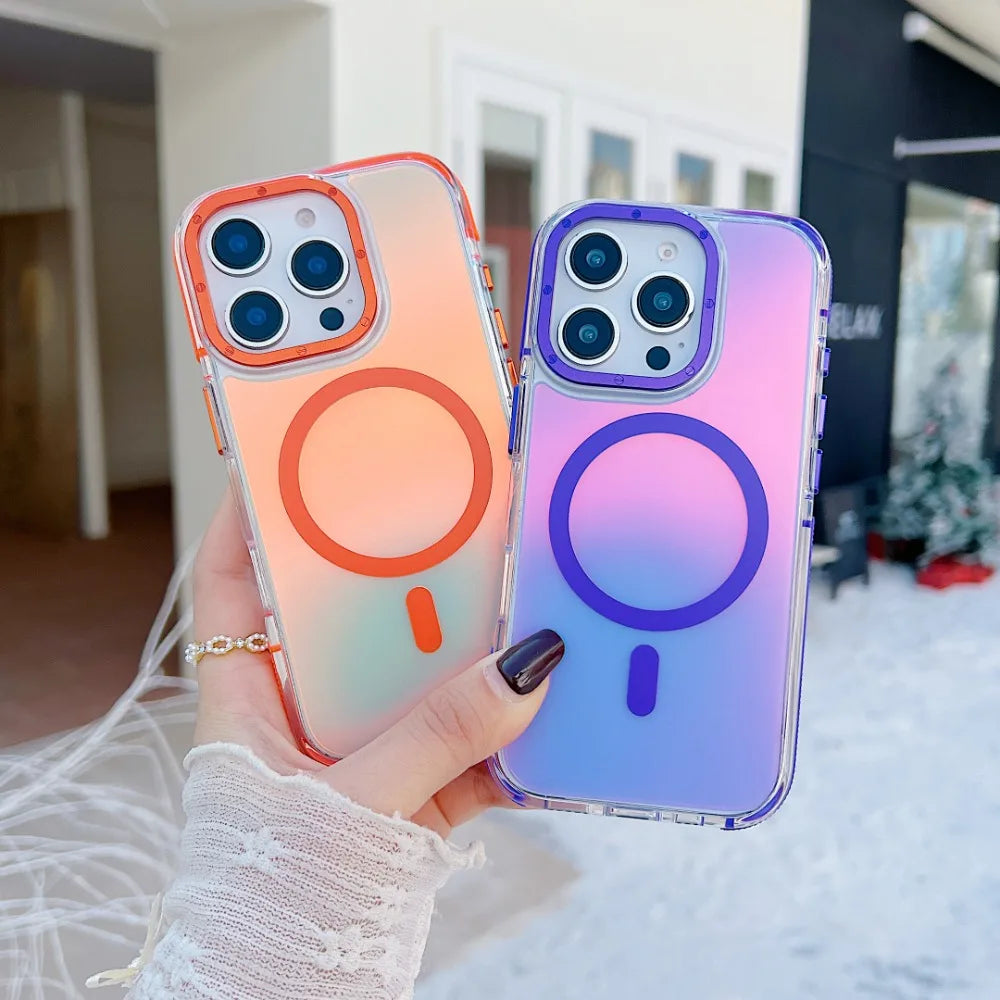 Stylish Metal Lens Magnetic Phone Case for IPhone 17 16 15 14 13 12 11 Pro Max Plus MagSafe Wireless Gradual Change Color Cover