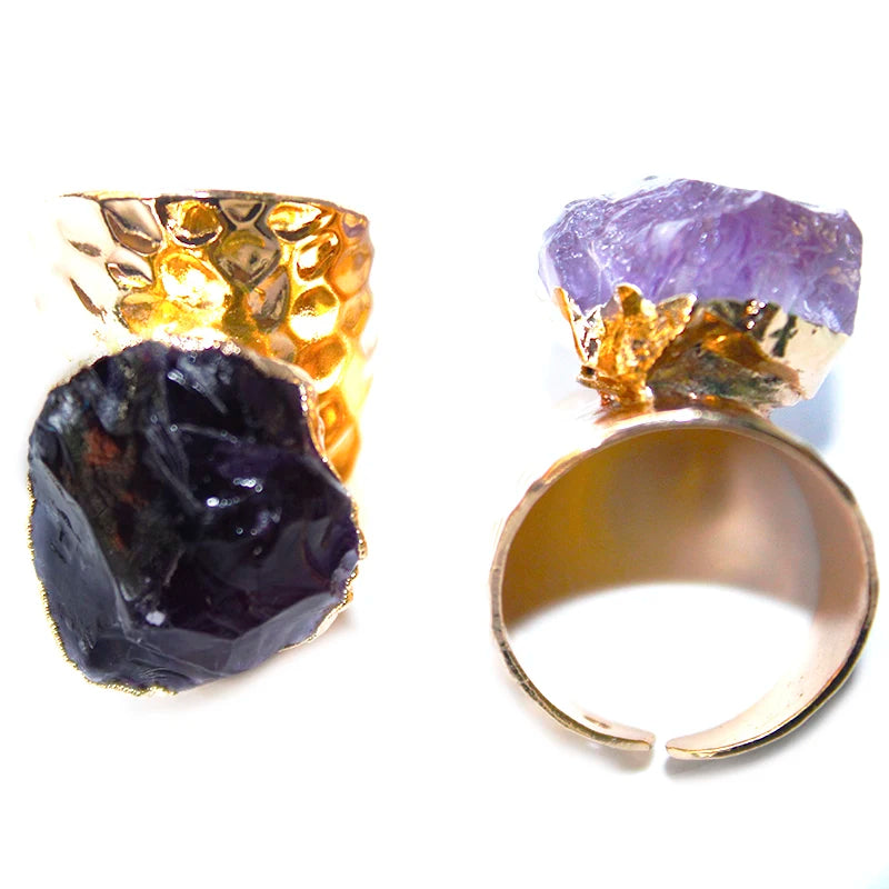 Irregular Genuine Stone Adjustable Ring for Women Golden Handmade Rough Amethyst Finger Jewelry