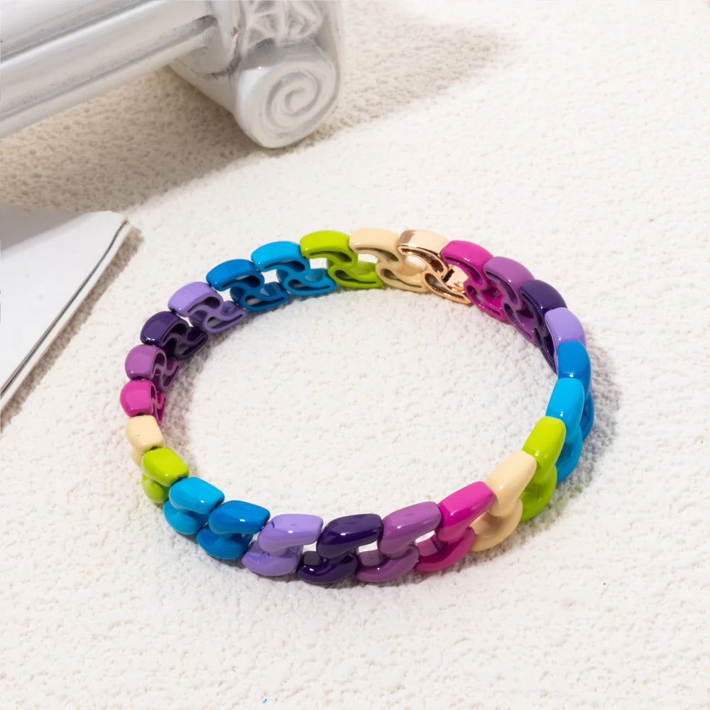 Rainbow Color Link Chain Shape Enamel Bracelets For Women Boho Beaded Bangle Accessory