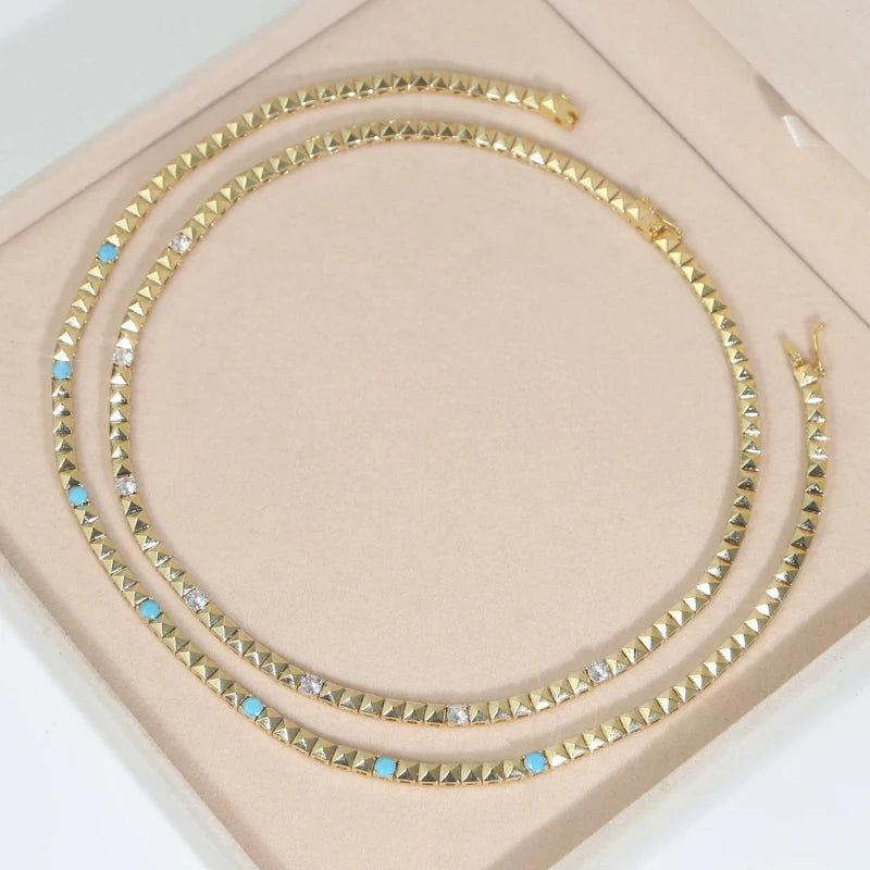 High Quality Simple Geometric Women Jewelry Fashion Gold Color White CZ Blue Turquoises Beaded Chain Bracelet Necklace