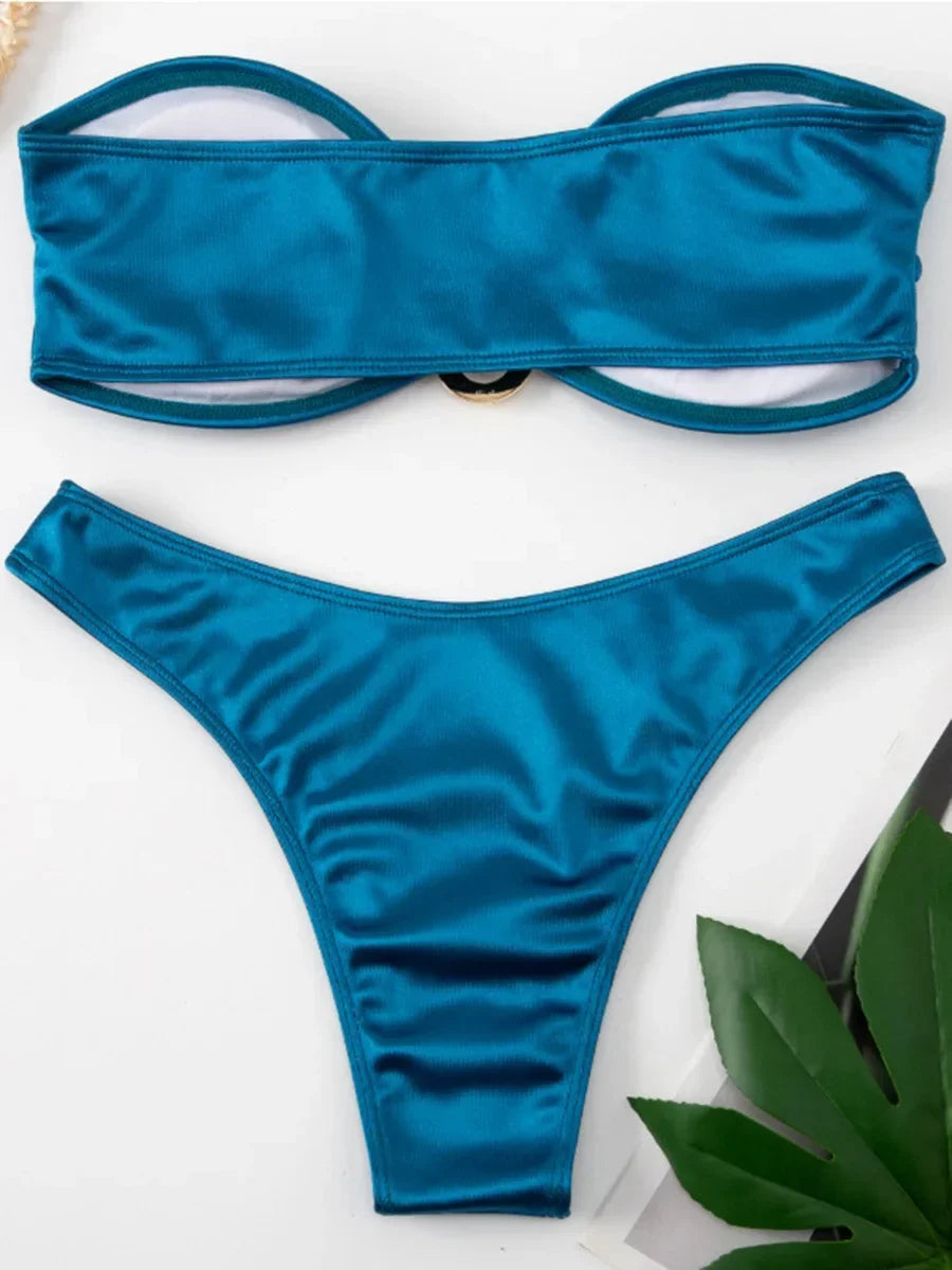 Shiny Bandeau Bikinis 2025 Strapless Bikini Female Swimsuit Women Swimwear Two-pieces Bikini Set High Cut Bathing Suit Swim Lady