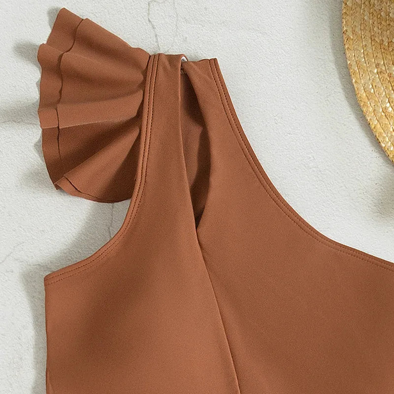 One Shoulder Bikinis 2025 Women Ruffle Swimsuit Solid High Waist Swimwear Female Padded Bathers Bathing Swimming Suit Beachwear