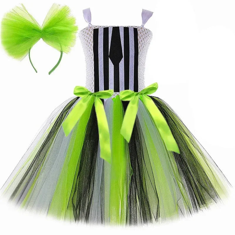 Kids Beetle Juice Costume Girls Black White Striped Tulle Tutu Dress Girls Halloween Carnival Party Princess Dress Up Clothes