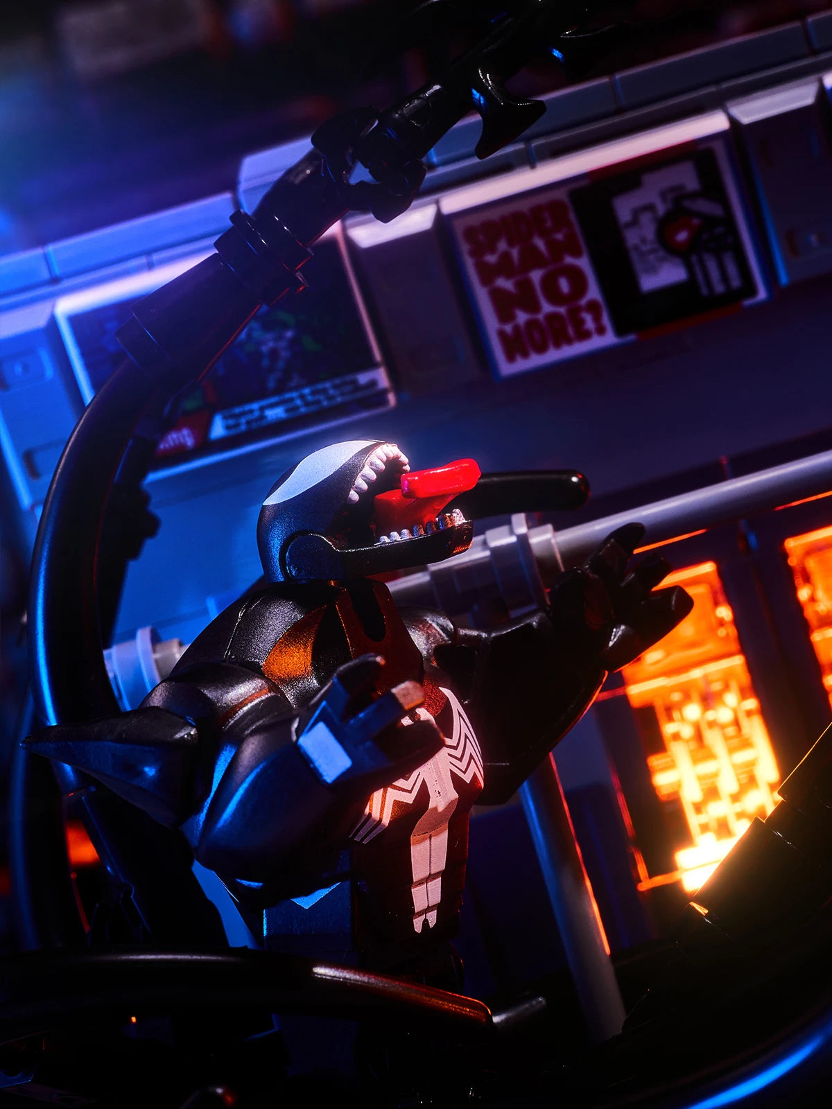 MOC scene: Marvel Venom vs. Spider-Man in the subway. Spider-Man's assembled toy bricks. Christmas gift for a boy and a girl.