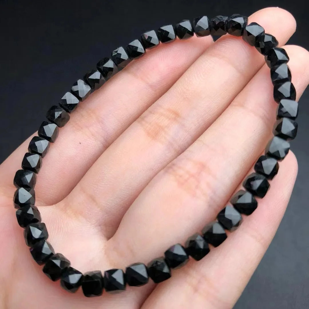 1 Pc Fengbaowu Natural Black Tourmaline Bracelet Faceted Cube Beads Reiki Healing Stone Jewelry Gift Women Men