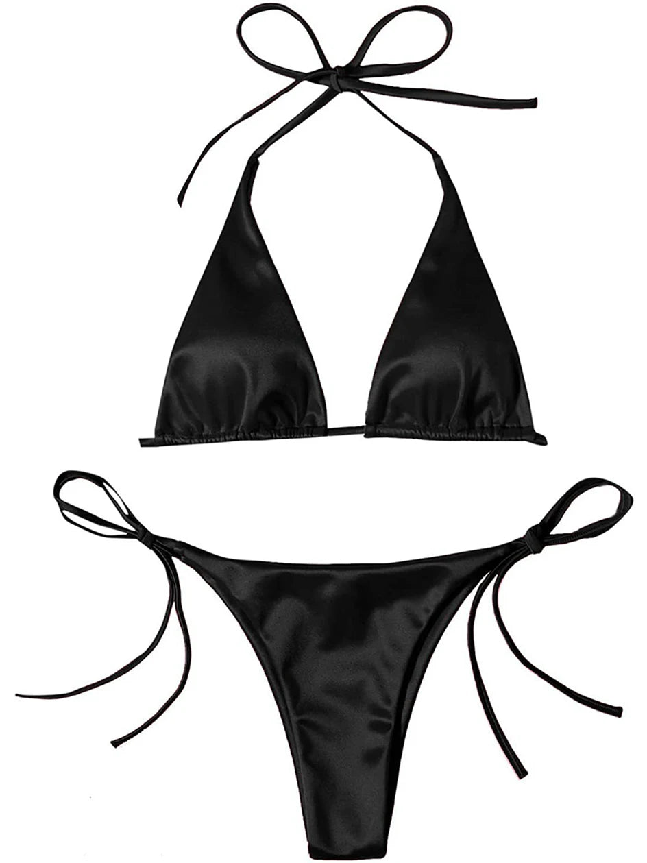 Metallic Halter Triangle Bikini 2023 Swimsuit Women Swimwear Female Bathing Suits Brazilian Thong Micro Bikinis Set Beach Wear