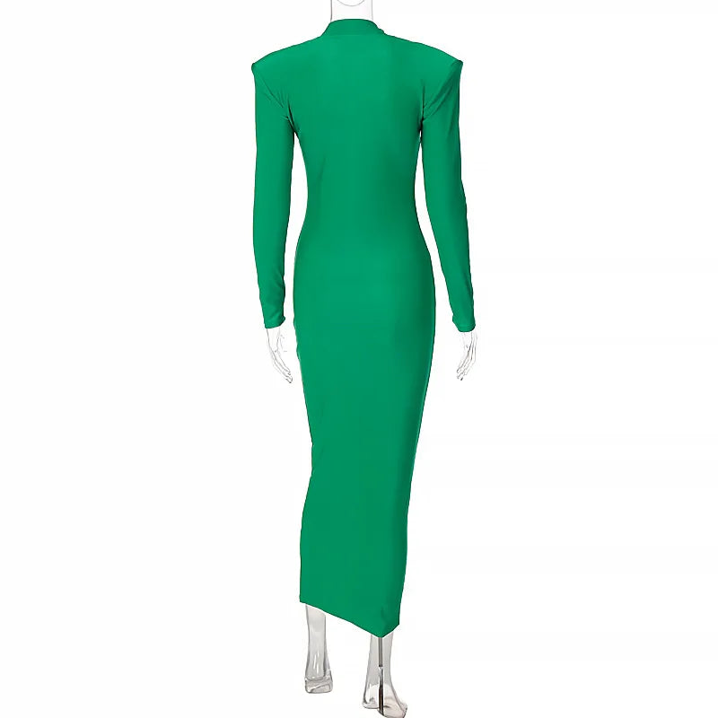 Shoulder Padded Long Sleeve Bodycon Green Party Club Maxi Long Dress 2023 Spring Autumn Women Fashion Elegant Clothes