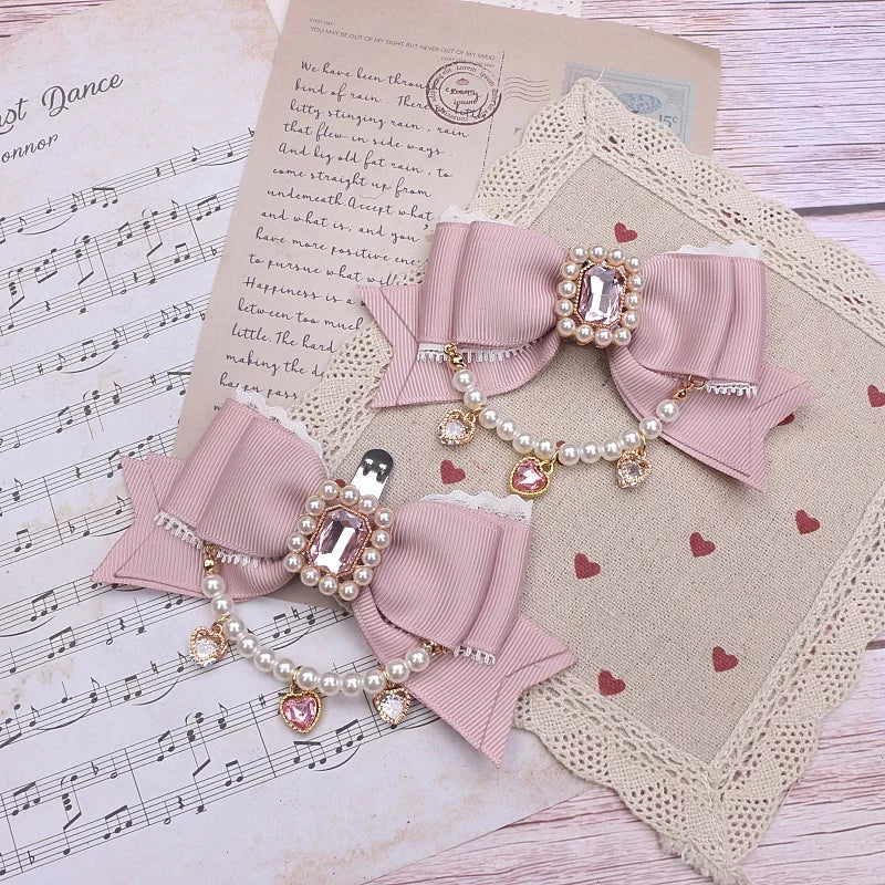 Jirai Kei Style Mine Lace Splicing Bow Shoes Accessories Lolita Beaded Heart Rhinestone Bow Shoe Clip Mary Janes Buckle