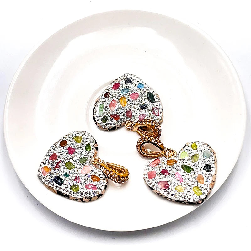 Micro Inlay Rainbow Tourmaline Heart Shape Pendant Jewelry for Women Girls Necklace Making with Clear Rhinestone