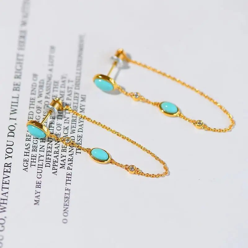 New original Turquoise long Tassel Earrings Chinese style retro unique ancient gold craft light luxury Christmas gift