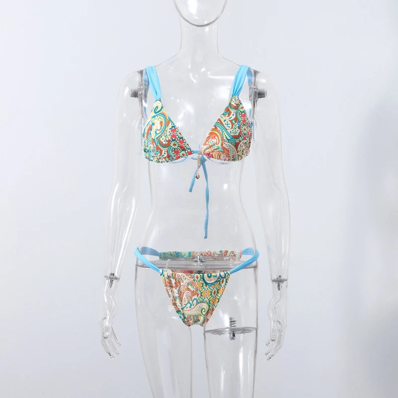 Beach Printed Bikini Skirts Set Women's Sexy Backless Sleeveless Lace-up Swimwear Long Skirt 2025 Summer New Lady Vacation Suit