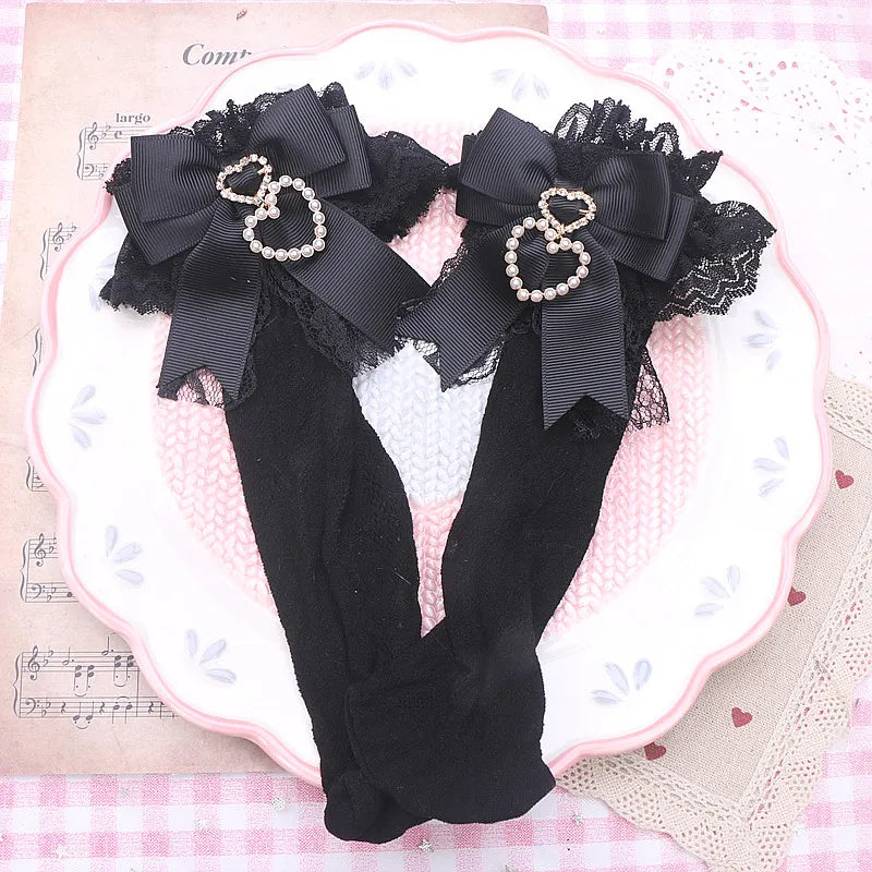 Handmade Sweet Lolita Bow Pearl Heart Pendant Lace Mid-Calf Socks Japanese Style Cotton Lace Socks Girls Women