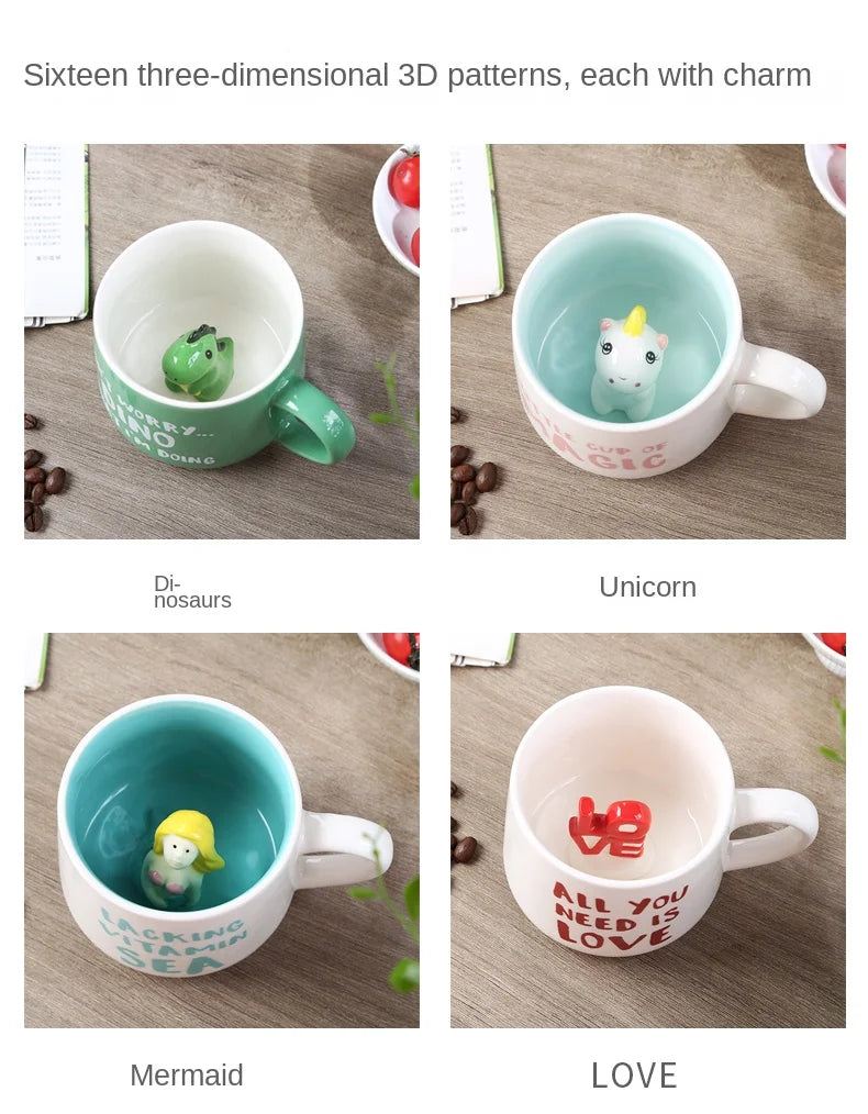 Cute Cartoon Coffee Figurine Mugs with Animal Inside, Ceramic 3D, Uincorn, Love Novelty Cup, Christmas Gift for Friends, Kids