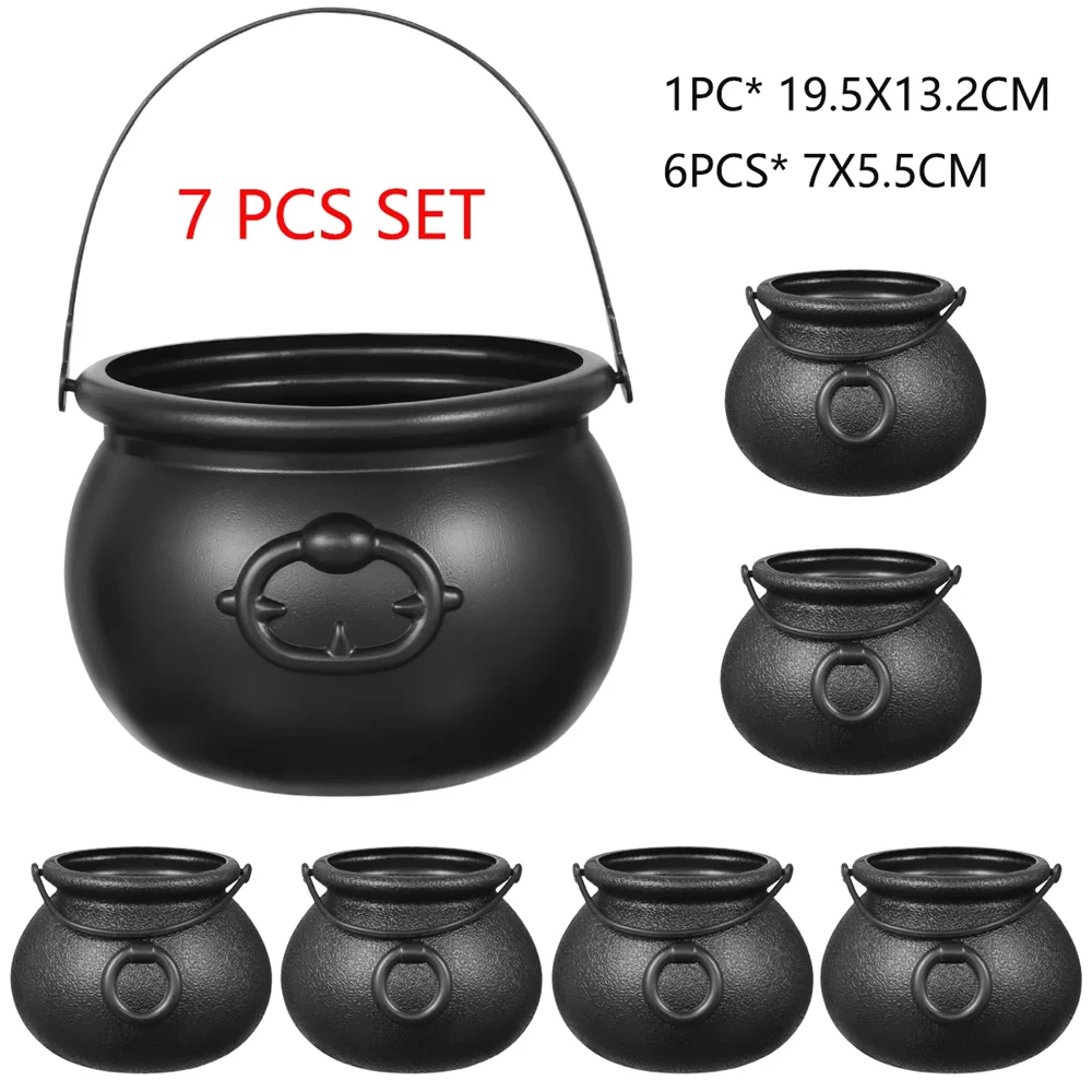 Halloween Candy Bucket Jar Trick Or Treat Black Plastic Cauldron Witch Bowls with Handle Halloween Party Decorations Props