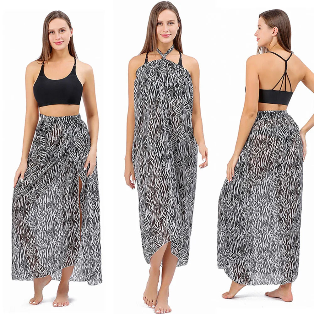 Women Long  Print Sarongs Swimsuit Coverups Beach Bikini Wrap Sheer Long Skirt Chiffon Scarf Cover Ups for Swimwear