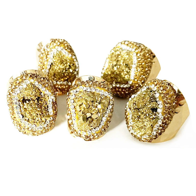 Irregular Druzy Quartz Stone Open Ring for Women Gilrs Micro Inlay Yellow Rhinestone Gold Plated Boho Finger Jewelry Resizable