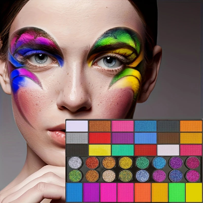 42-Colors Water-Based Face & Body Painting Kit,UV Neon Glitter Fluorescent Paint Makeup,Face Body Paint Art Festivals Halloween