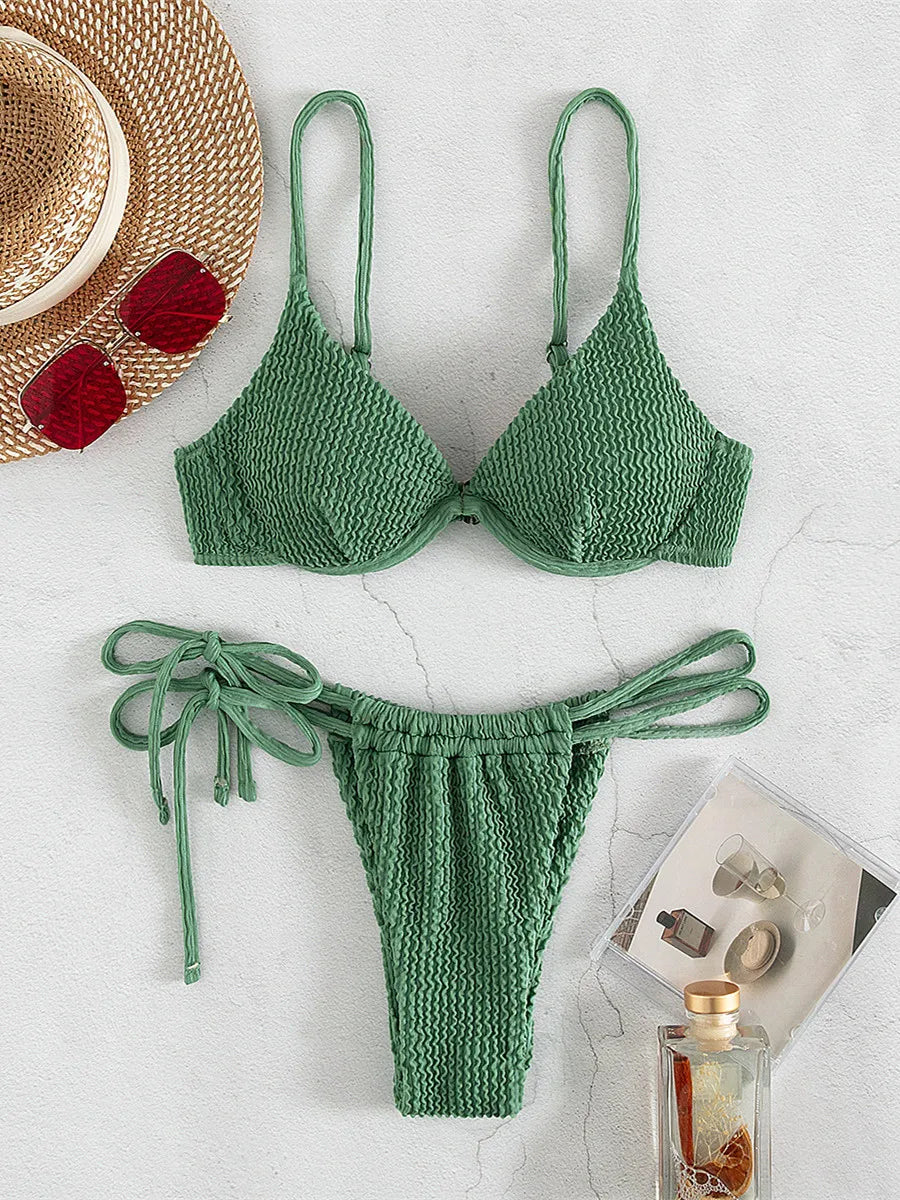 Underwire Push Up Bikinis Women Solid Green Swimwear 2024 Ribbed Cut Out Beach Bathing Suit Tie Side Triangle Swimsuit Biquini