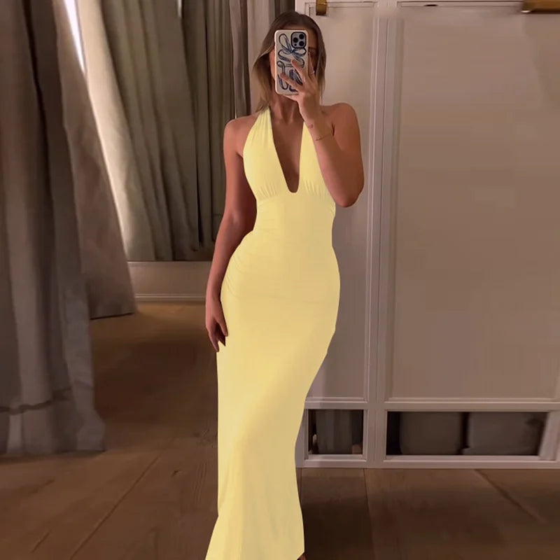Tornova Halter Backless Long Dress For Women Solid Deep V neck Sexy Vacation Dress Lace Up High Waist Fashion Female Slim Dress