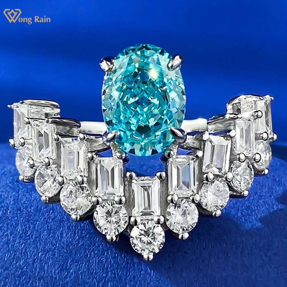 Wong Rain 100% 925 Sterling Silver 6*8 MM Oval Paraiba Tourmaline High Carbon Diamond Gemstone Ring For Women Engagement Jewelry