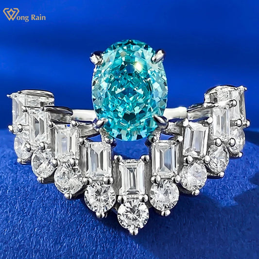 Wong Rain 100% 925 Sterling Silver 6*8 MM Oval Paraiba Tourmaline High Carbon Diamond Gemstone Ring For Women Engagement Jewelry