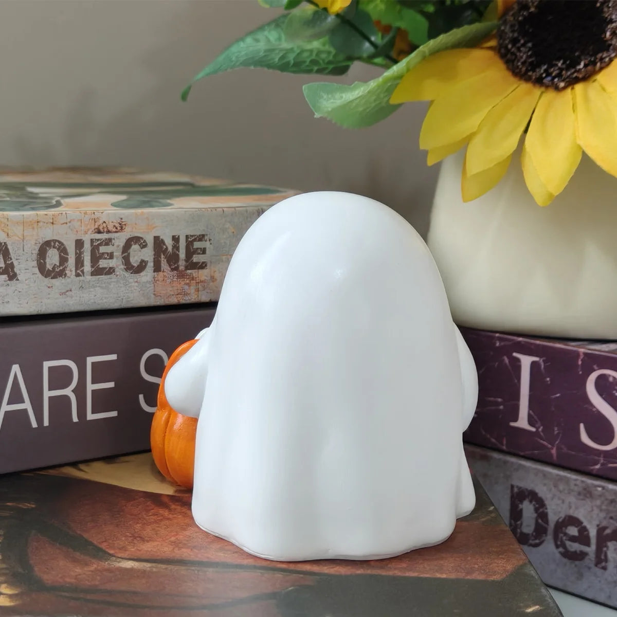 Cute Ghost Figurine with Pumpkin Bag - Luminous Resin Ghost Halloween Statue Desktop Ornament,For Halloween Decoration