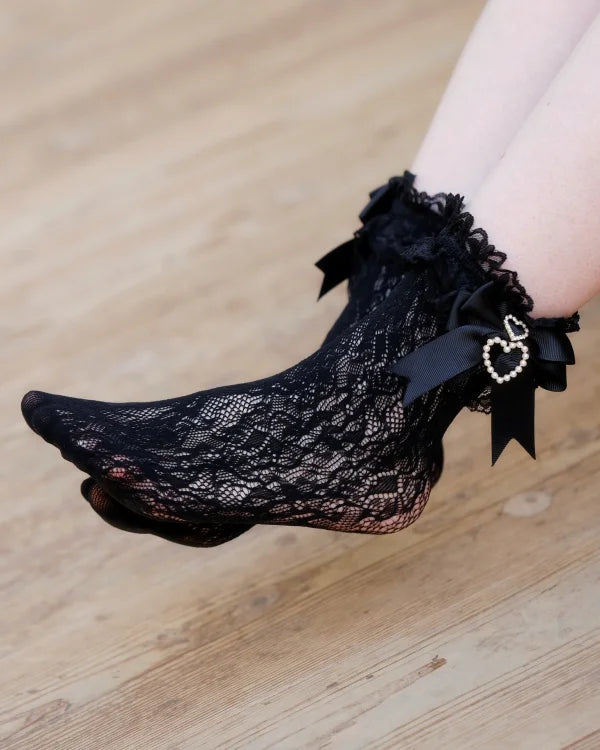 Handmade Sweet Lolita Bow Pearl Heart Pendant Lace Mid-Calf Socks Japanese Style Cotton Lace Socks Girls Women