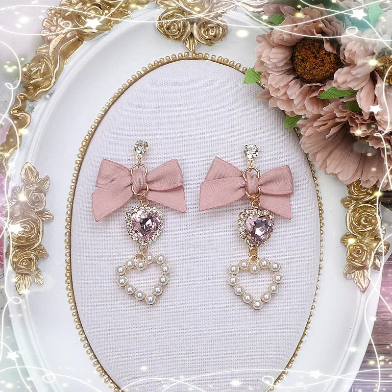 Japanese Style Lolita Sweet Bownot Rhinestone Pearl Heart Shaped Drop Earrings 925 Silver Pin Ear Clip Women Girls Earrings