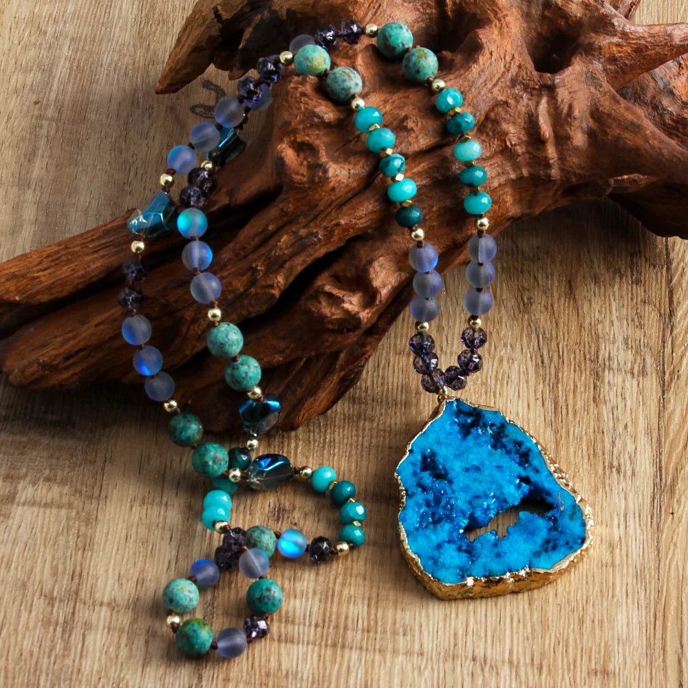 RH 2025 New Fashion Bohemian Style Natural Stone Glass Hematite Knotted Exaggerated Irregular Multicolor Druzy PendantNecklace