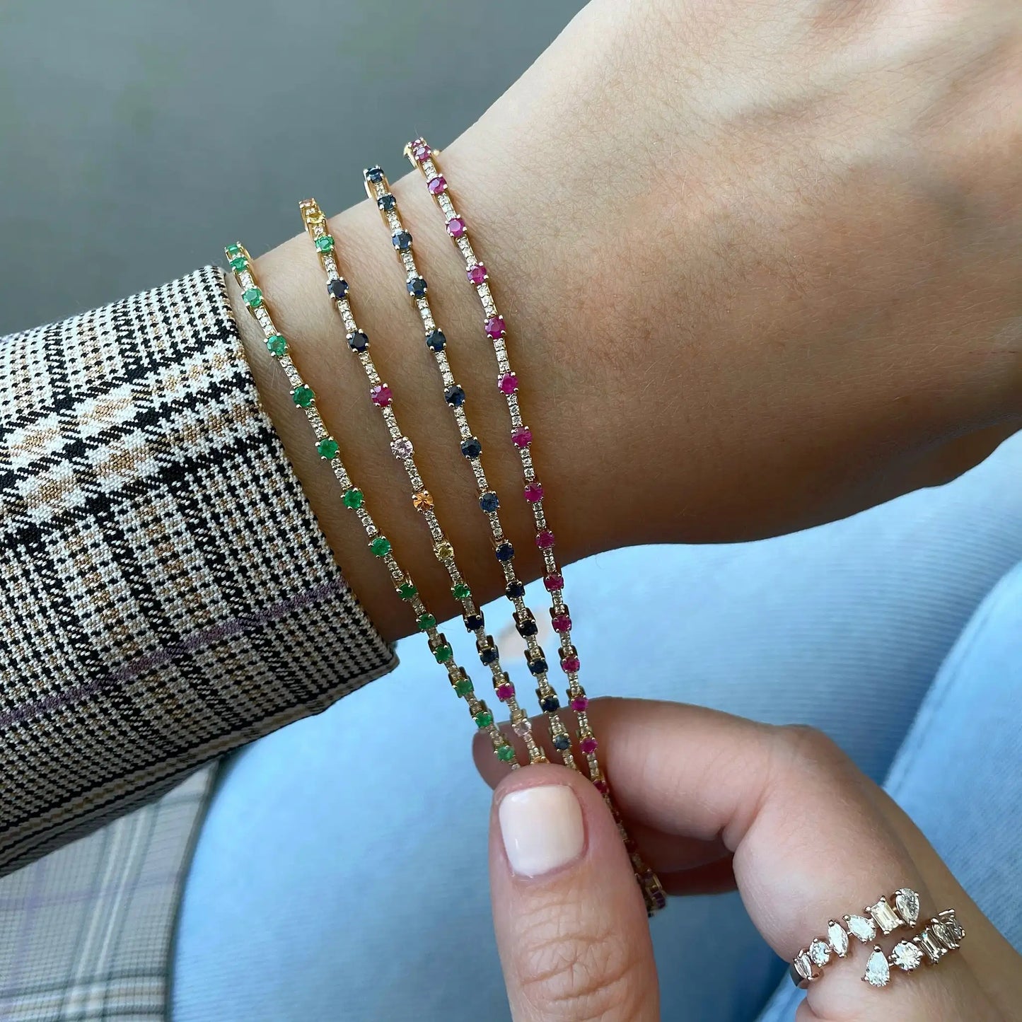 Gold Color Colorful Fashion Women Jewelry Rainbow Blue Red Green CZ Bar Geometric Charm Link Chain Bracelet