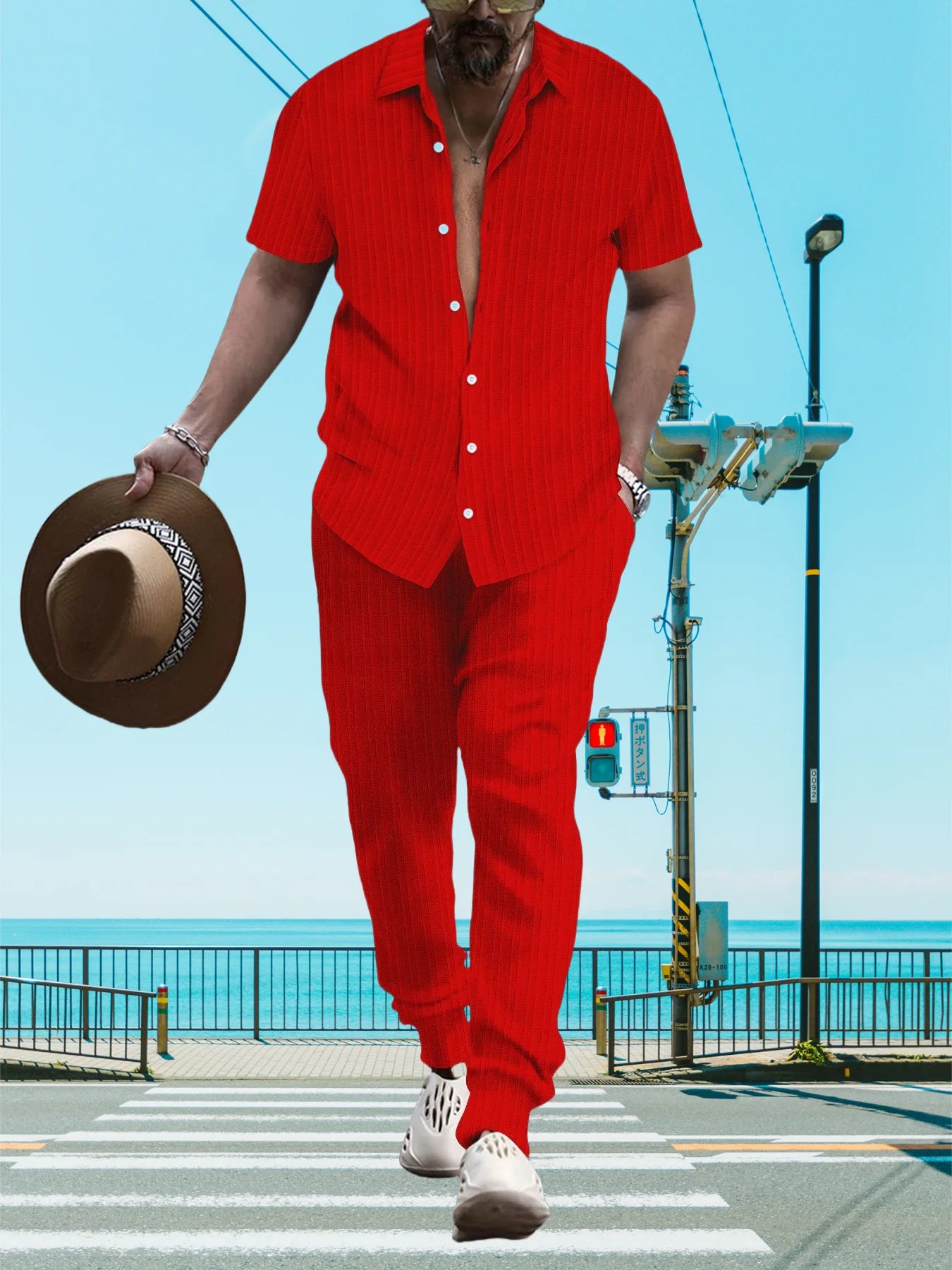 Ultra-thin Ultra-light Summer Men's Shirt Casual Loose Short Sleeve + Trousers Beach Suit Surf Casual Solid Color Lapel Suit