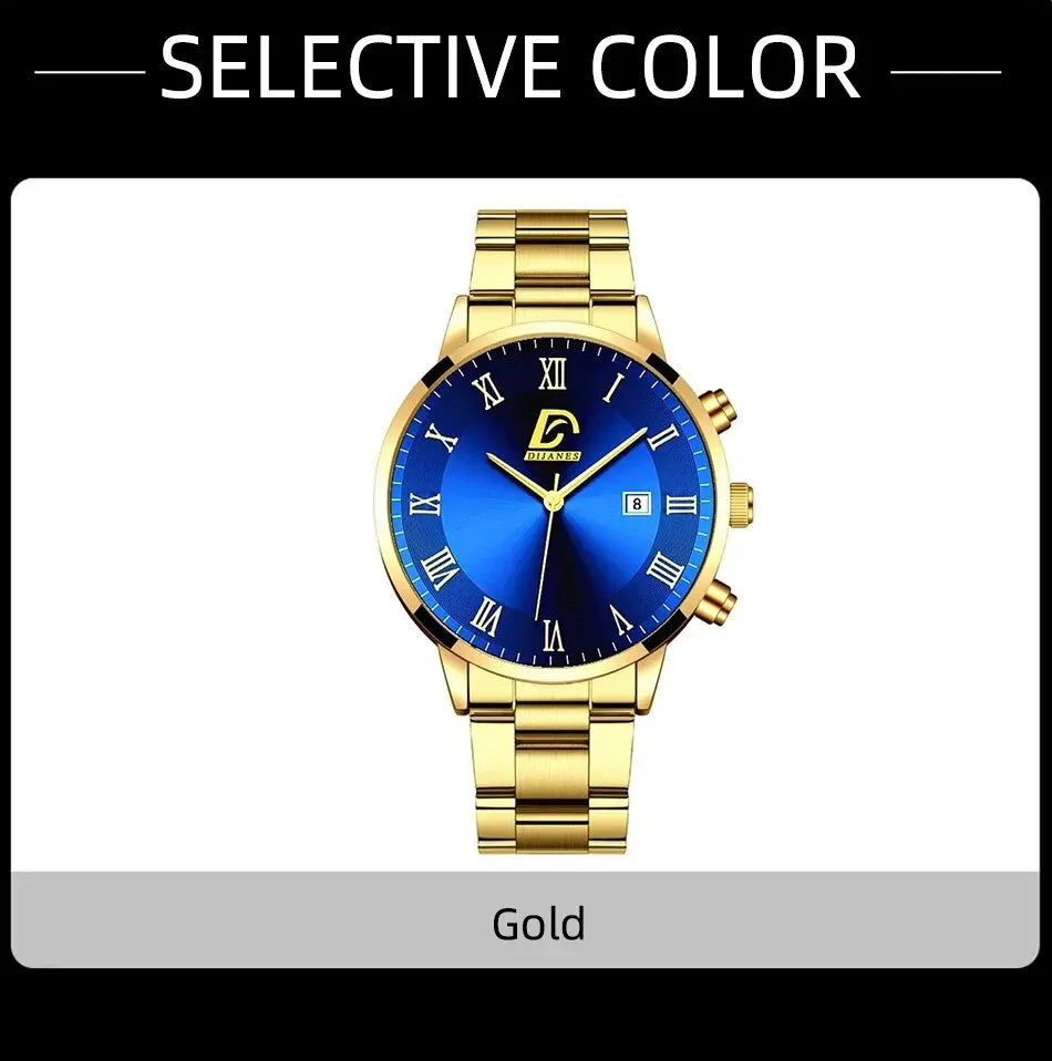 1Pcs Men's Casual Business Stainless Steel Band Quartz Watch 2PCS Luxury Alloy Bracelet Necklace Birthday Christmas Gift Set