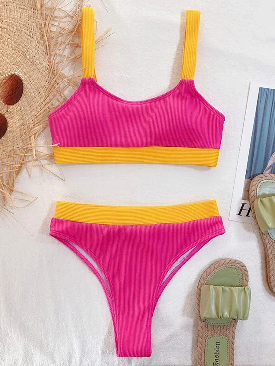 Sexy Splicing Ribbed Bikinis High Waist Bikini 2025 Female Swimsuit Women Swimwear Two-pieces Bikini Set Bathing Suit Swim Lady