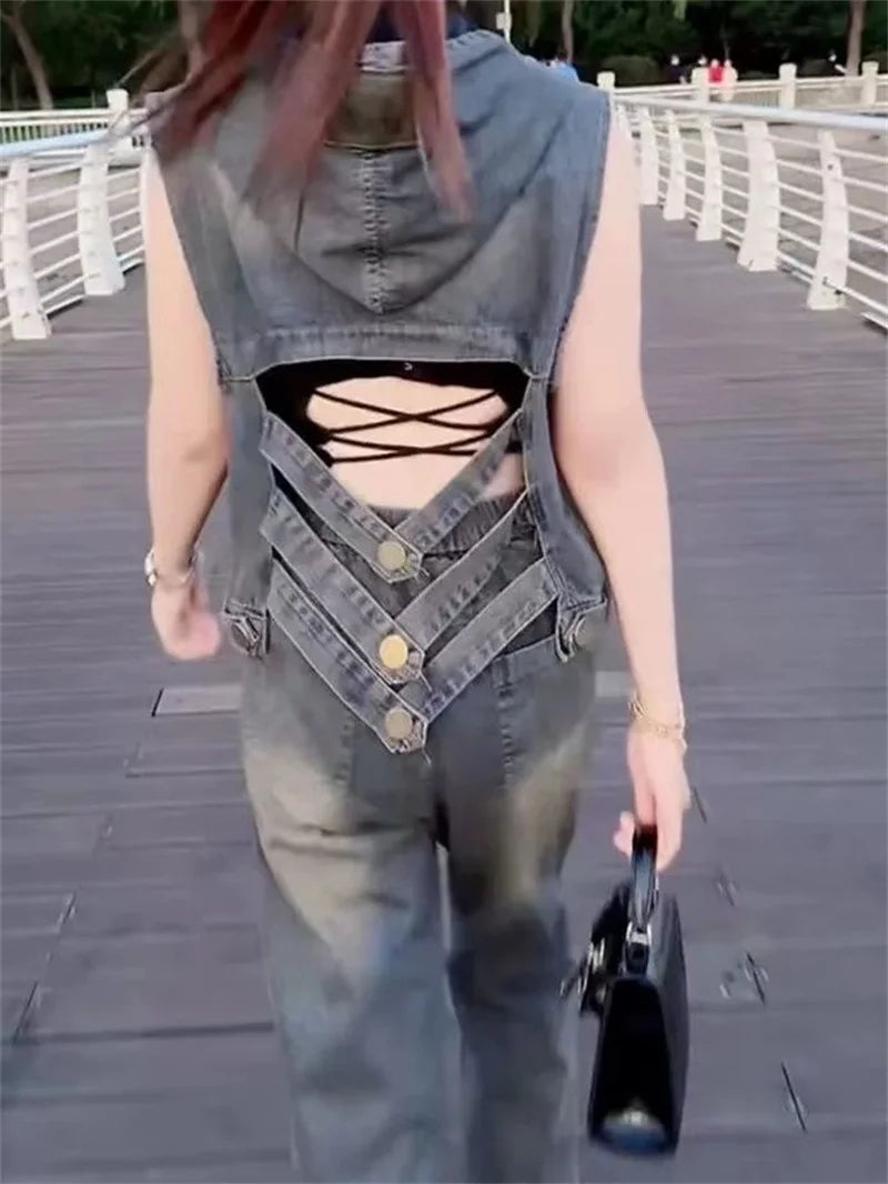 Fashion Fashion Backless Hooded Denim Vest 2025 Spring Summer Autumn New Korean Women's Vest Jacket Sleeveless Denim Jacket Top
