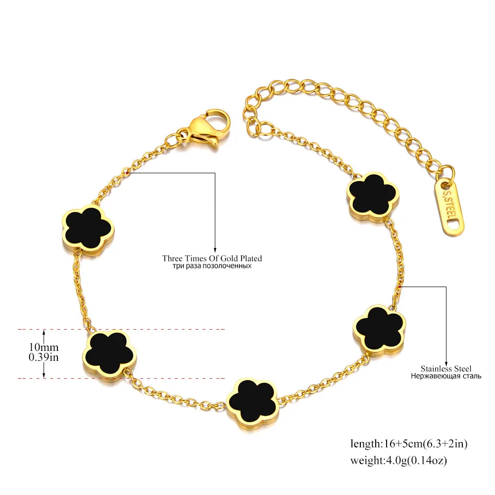 JeeMango Fashion Stainless Steel White Black Green Shell Flower Charm Bracelets For Women Real Gold Plated Chain Jewelry JB23071