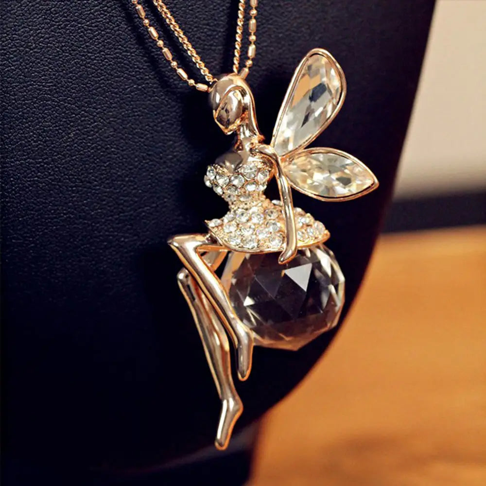 Elegant Charm Crystal Angel Wing Pendant Necklace Vintage Sweater Long Chain Butterfly Fairy Dangle Necklace Jewelry for Women