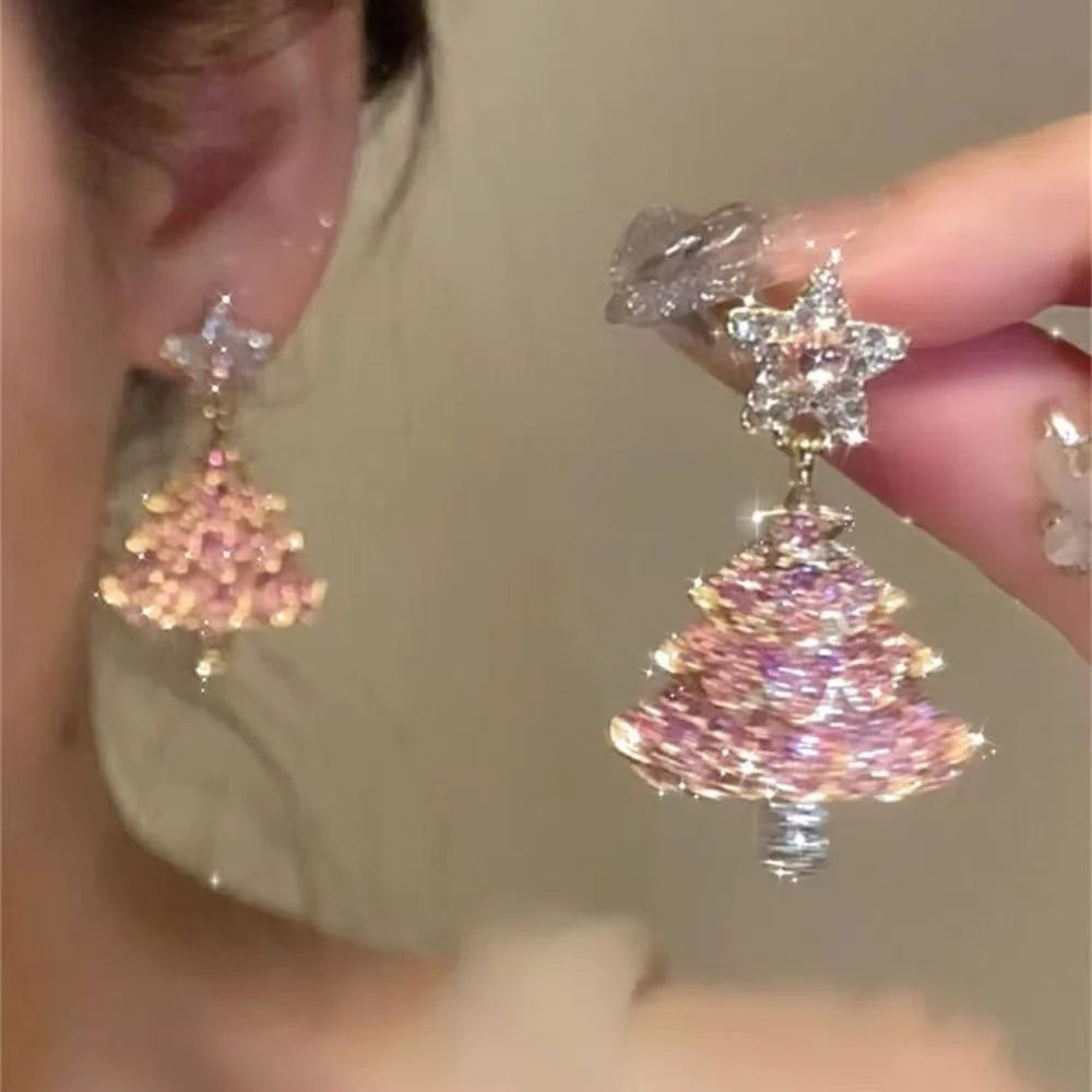 Shiny Pink Colorful Christmas Tree Zircon Crystal Earrings For Women Star Silver Color Stud Dangle Jewelry Xmas Party Gift