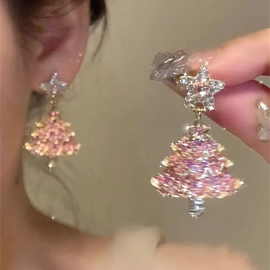Shiny Pink Colorful Christmas Tree Zircon Crystal Earrings For Women Star Silver Color Stud Dangle Jewelry Xmas Party Gift