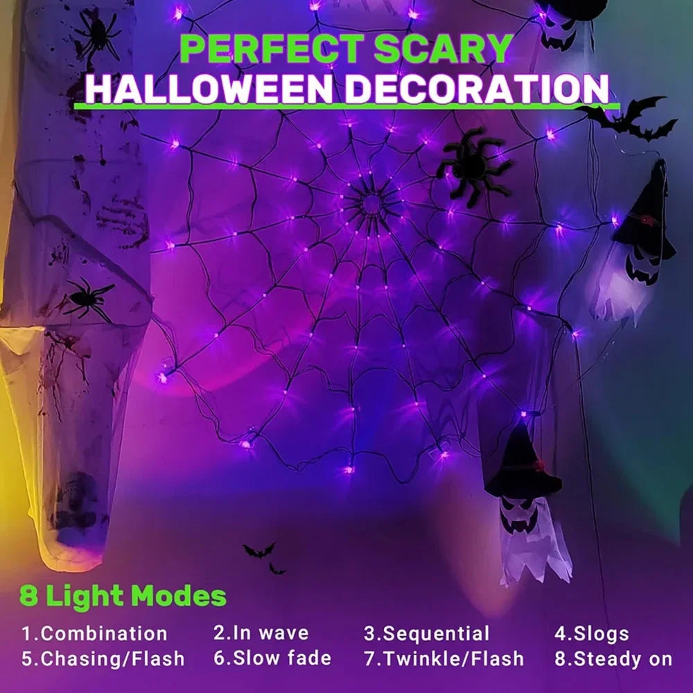 Halloween Window Decorations Purple Spider Web String Lights with 70 LEDs Battery Powered Remote Control 8 Modes for Party Decor