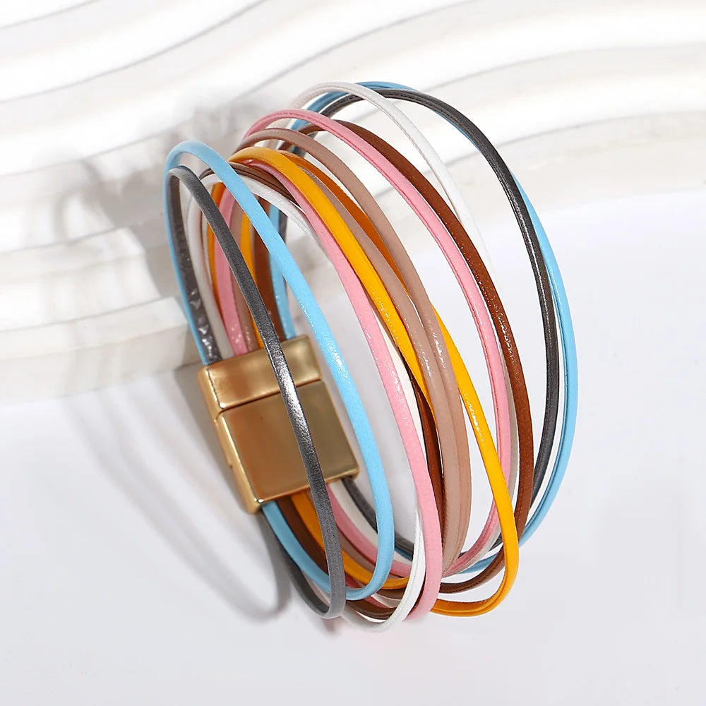 ALLYES Multicolor Rainbow Leather Bracelet Party Jewelry Gifts Fashion Multilayer Slim Strips Wrap Bangle Bracelets for Women