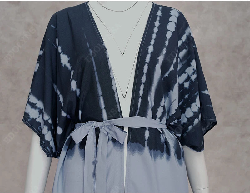 2023 Bikini Cover-ups Black Retro Striped Self Belted Women Summer Clothing Kimono Dress Beach Wear Swim Suit Cover Up Q1225