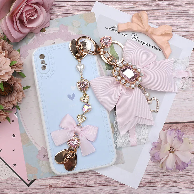 Japanese Sweet Cute Handmade Rhinestone Bow Hairpin Pearl Lace Hairclips Lolita Women Girls Side Clip Bag Pendant Handbag Charms