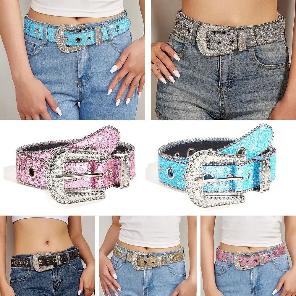 Glamorous New Goth Rhinestone PU Leather Belts - Unisex Fashion for Jeans with Western Cowboy Y2K Edge